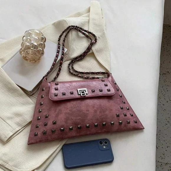 Pink Studded Women's Bag With Lock Closure - Picture 3 of 4